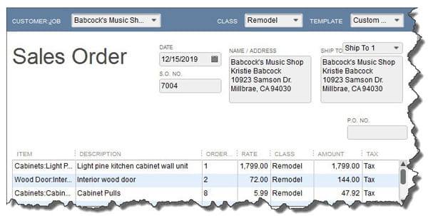 QuickBooks Sales Order screen