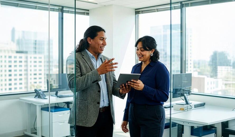 Two professionals in an office environment collaborating with a digital tablet.