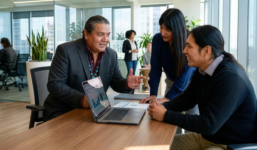 Three professionals collaborating around a laptop.