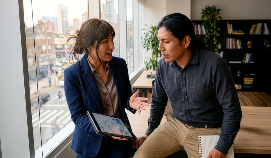 A woman and a man discussing information on a digital tablet