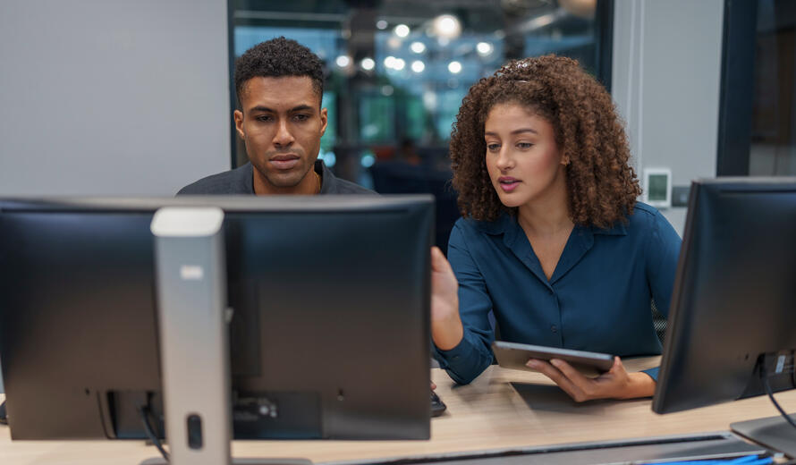 Two professionals working at computer stations.