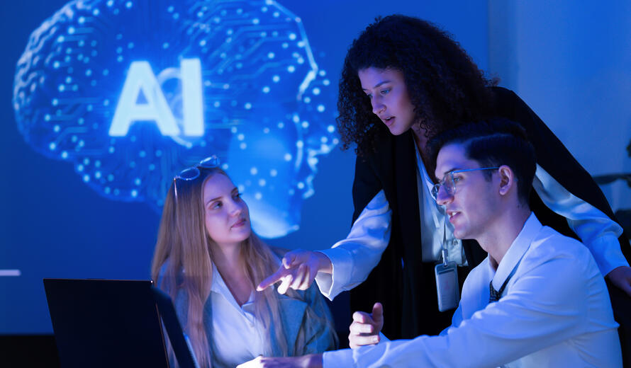 A group of three professionals engages in a discussion.