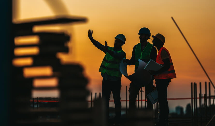 Silhouette Successful male engineer standing survey work on construction