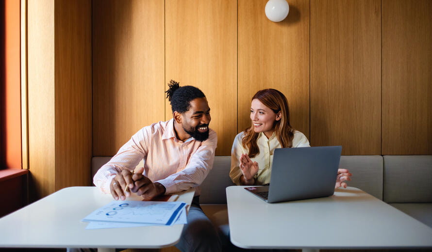Two colleagues having a friendly business meeting using a laptop in a modern office setting. Collaboration and teamwork concept.