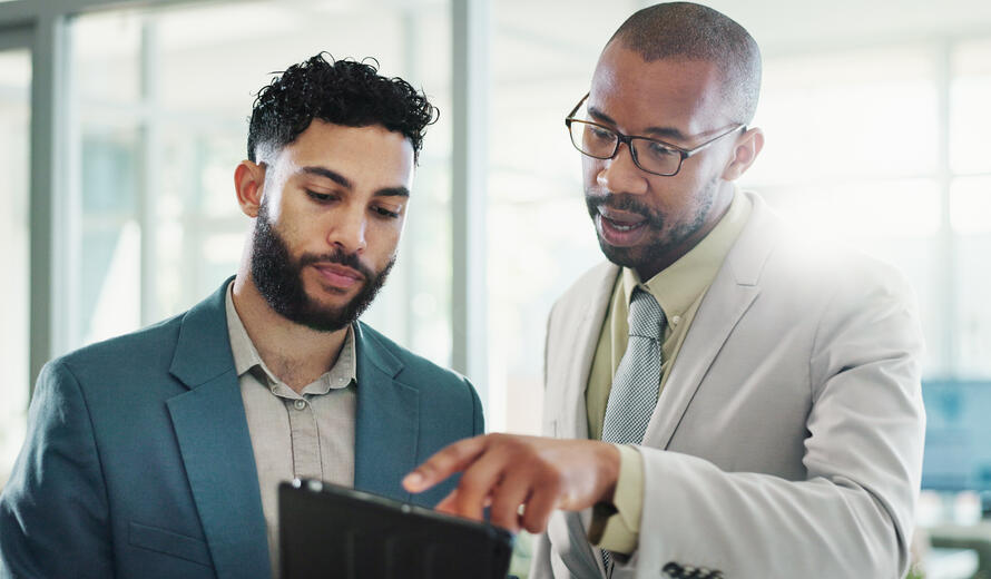 Tablet, discussion and business men in office with research for break in finance stock market. Meeting, digital technology and male financial advisors with online revenue, profit or equity report.